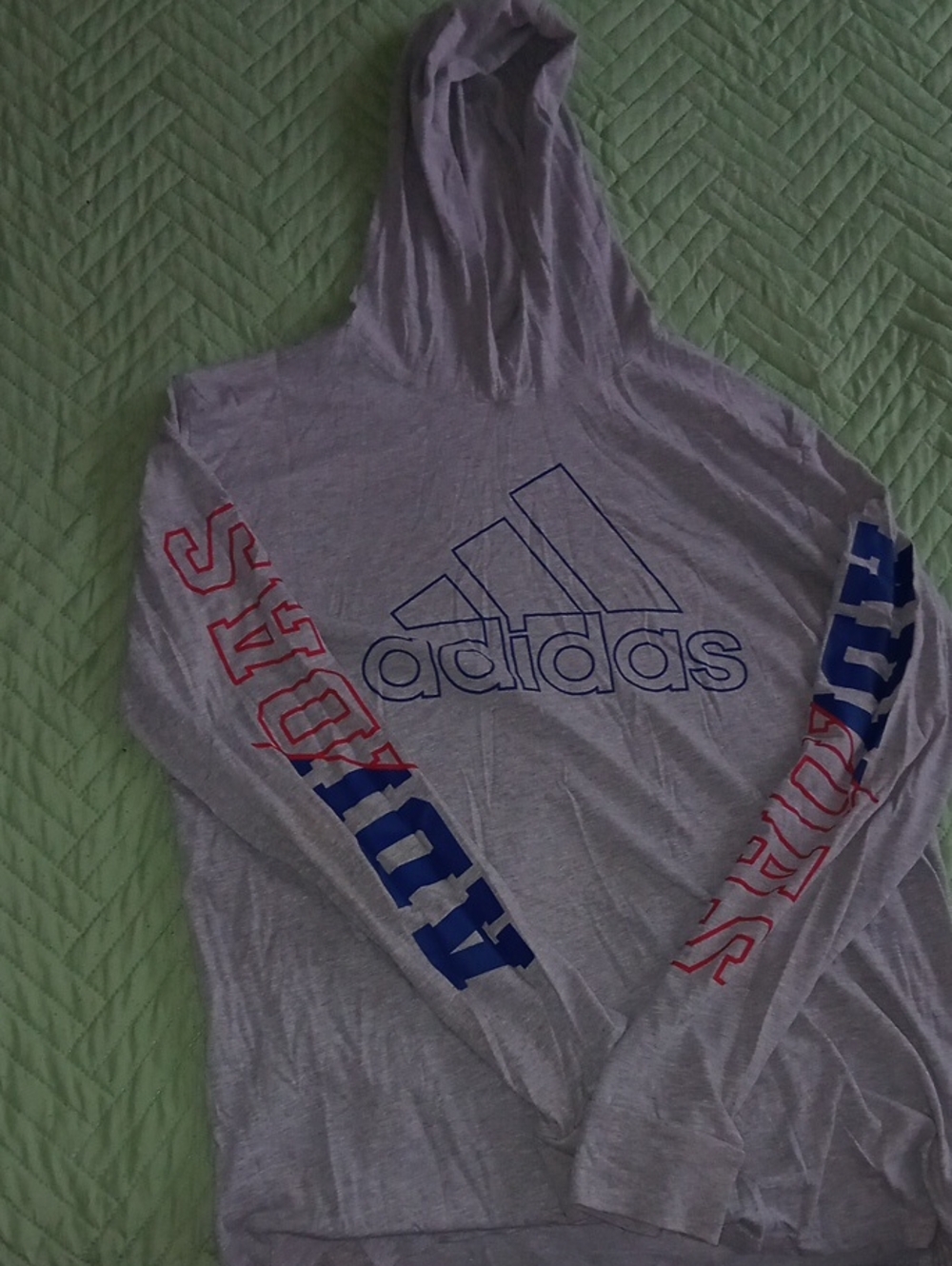 adidas Gray Hooded Long Sleeve Tee with Blue and Red Graphics